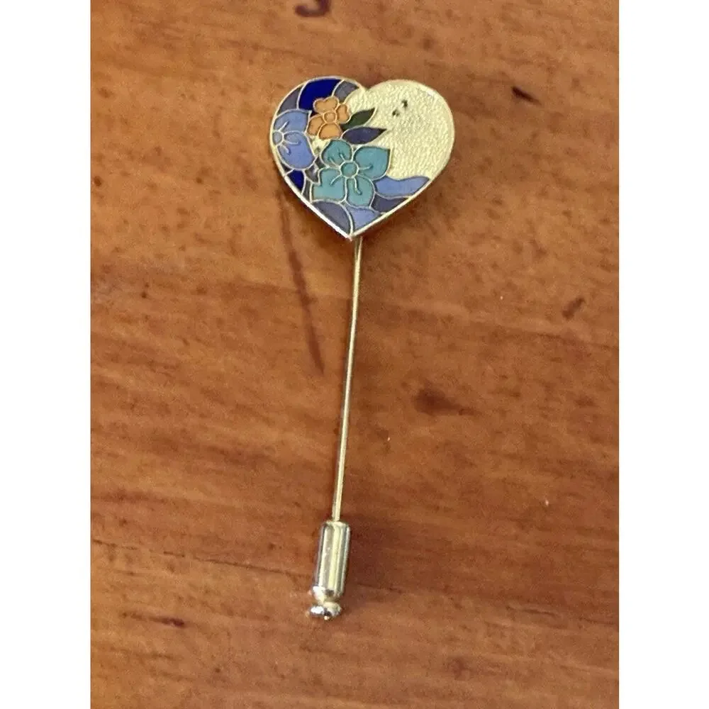 Vintage Cloisonné Floral Heart Stick Pin Gold Tone Blue Orange Enamel Lapel Hat